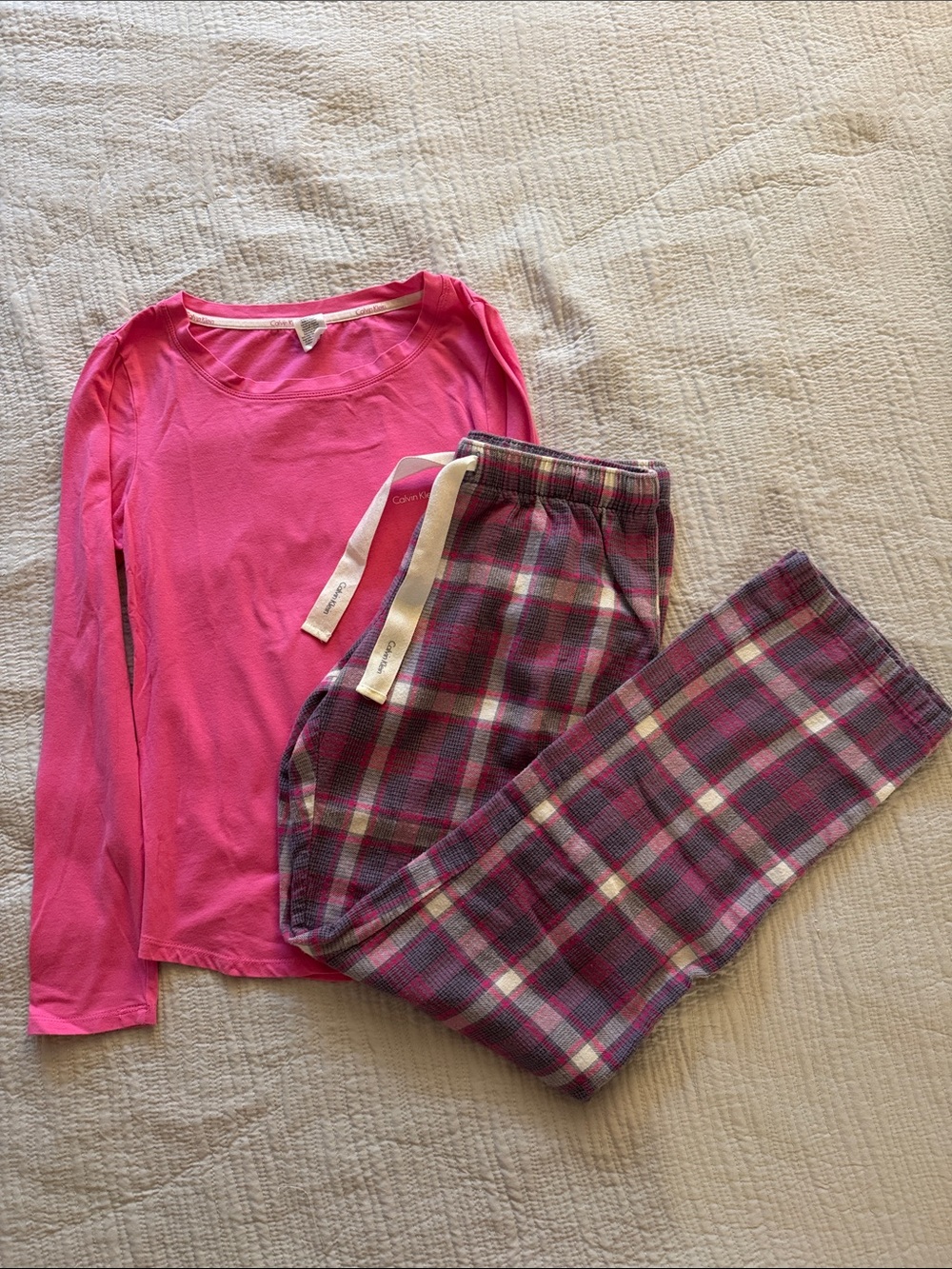 Calvin Klein Pajama Set - Pink Knit Sleep Top / Pink & Gray Plaid Flannel Pants